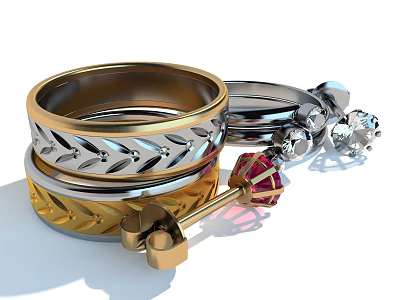 Elegant Stacked Gold Silver Jewelry Rings With Textured Bands And Red Gemstone 3d model