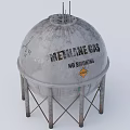 Industrial Metal Metan Storage Tank With Gray Exterior And Warning Signs Supports Ladder