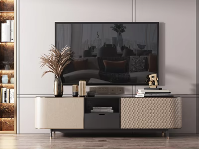 Elegant Modern TV Cabinet With Flat Screen TV Decorative Vase Books And Stylish Accents 3d model