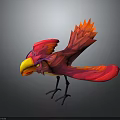 Vibrant Red And Pink Bird With Yellow Beak And Spread Wings On Gray Background