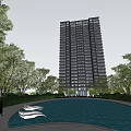 Modern High Rise Building Exterior With Glass Windows and Surrounding Green Trees