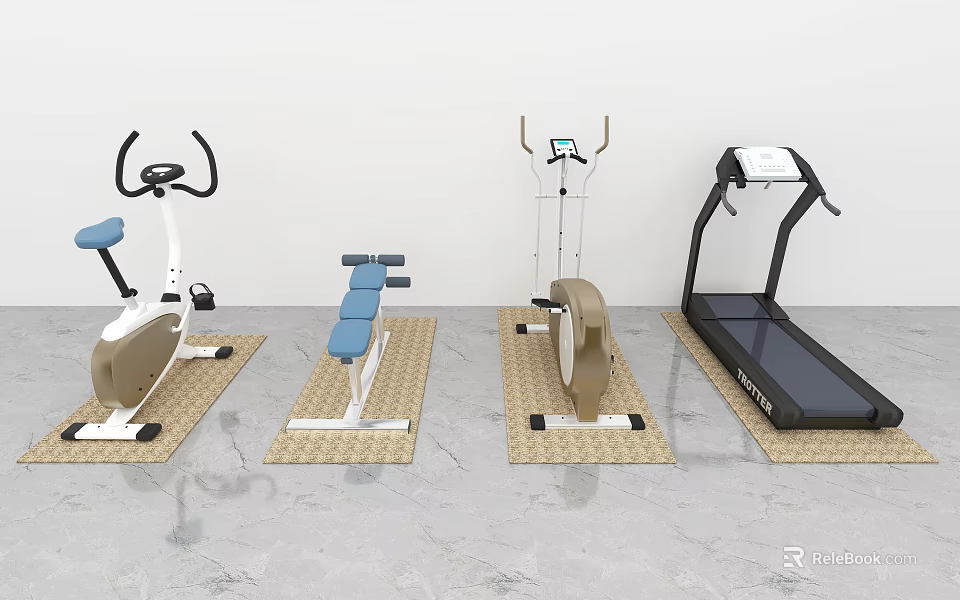Essential Indoor Sports Equipment Featuring Stationary Bike Dumbbell Bench Rowing Machine And Treadmill 3d model 
