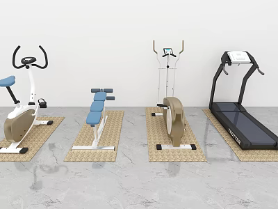 Essential Indoor Sports Equipment Featuring Stationary Bike Dumbbell Bench Rowing Machine And Treadmill 3d model
