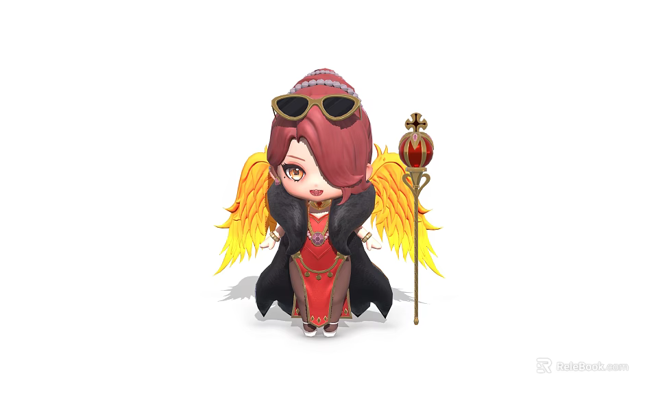 Game Movie Character With Red Hair Golden Goggles Yellow Wings And Scepter 3d model 