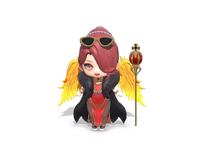 Game Movie Character With Red Hair Golden Goggles Yellow Wings And Scepter 3d model