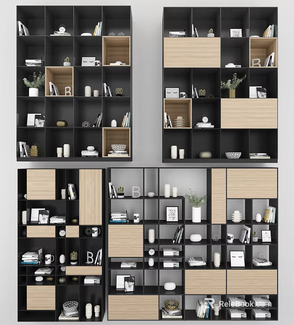 Modern Bookcase Interior Design With Wooden Black Shelves Books Decorative Items And Vases 3d model 