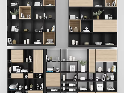 Modern Bookcase Interior Design With Wooden Black Shelves Books Decorative Items And Vases 3d model