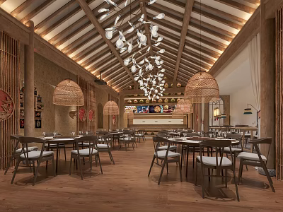 Traditional Restaurant Interior Design With Wooden Ceiling Rattan Chandeliers Dining Tables And Chairs 3d model