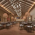 Traditional Restaurant Interior Design With Wooden Ceiling Rattan Chandeliers Dining Tables And Chairs