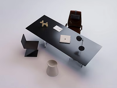 Black Office Desk With Laptop Desk Lamp Notebook Geometric Decor Brown Chair And File Holder 3d model