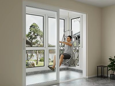 Modern Indoor Hanging Chair Near Large Windows With Garden View And Bright Interior 3d model