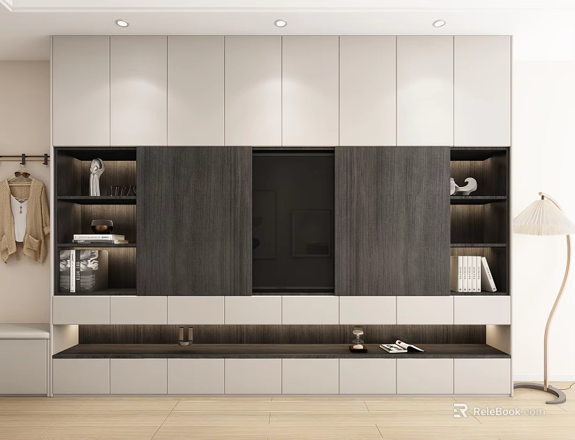 Modern TV Wall Cabinet With White And Dark Wood Panels Open Shelves And LED Lighting 3d model 