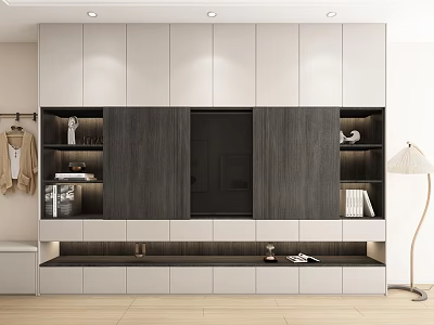 Modern TV Wall Cabinet With White And Dark Wood Panels Open Shelves And LED Lighting 3d model