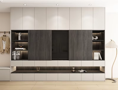Modern TV Wall Cabinet With White And Dark Wood Panels Open Shelves And LED Lighting 3d model