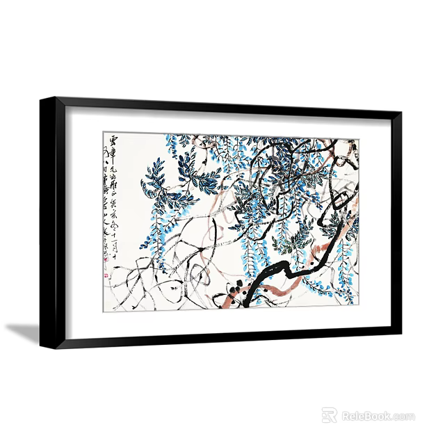 Framed Botanical Painting With Blue Leaves Vines And Black Branches On White Background 3d model 