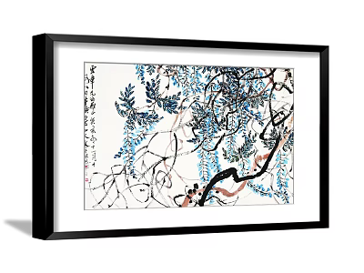 Framed Botanical Painting With Blue Leaves Vines And Black Branches On White Background 3d model