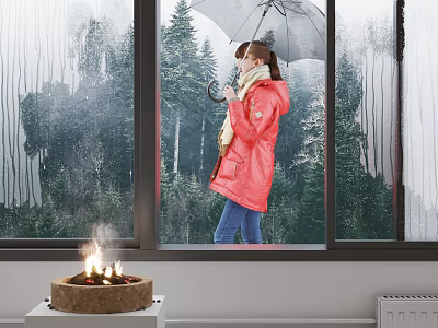 Woman Wearing Red Coat Holding Umbrella Standing By Window With Forest Outside And Fireplace Inside 3d model
