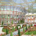 Glass Greenhouse Garden With Dome Ceiling Arched Windows Lush Plants And Elegant Chandelier