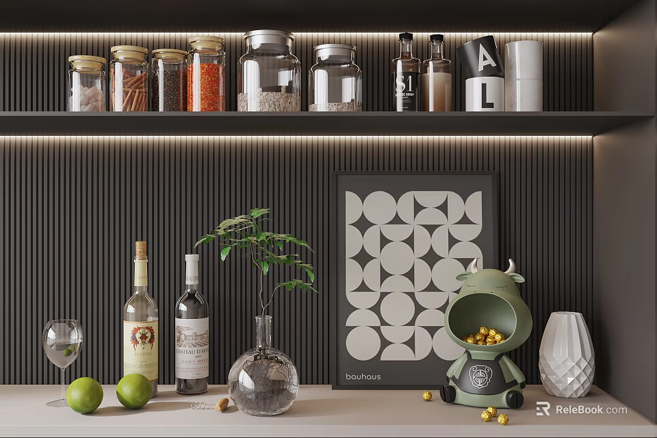 Modern Kitchen Shelf Display With Glass Jars Spice Bottles And Storage Containers 3d model 
