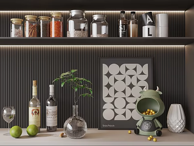 Modern Kitchen Shelf Display With Glass Jars Spice Bottles And Storage Containers 3d model
