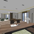Modern Office Interior Design With Herringbone Wooden Flooring Large Windows Office Desk And Wall Artwork