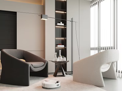 Modern Interior With Dark And Light Leisure Chairs Side Table And Floor Lamp 3d model