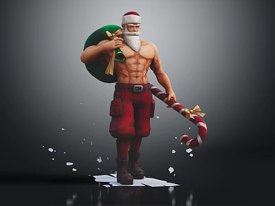 Muscular Santa Claus Carrying Green Bag With Candy Cane In Hand Surrounded By Falling Snowflakes 3d model