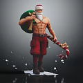 Muscular Santa Claus Carrying Green Bag With Candy Cane In Hand Surrounded By Falling Snowflakes