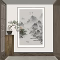 Traditional Chinese Landscape Painting with Mountains Rivers Small Boat Flying Birds and Ink Wash Style