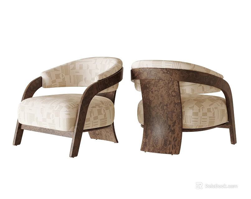 Modern Stylish Upholstered Leisure Armchair With Burl Wood Frame And Soft Abstract Geometric Fabric 3d model 