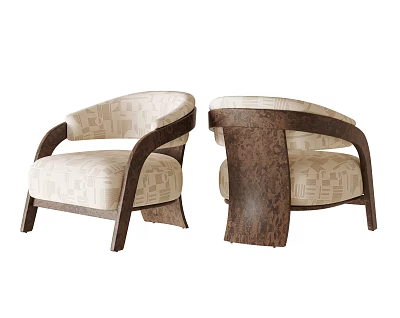 Modern Stylish Upholstered Leisure Armchair With Burl Wood Frame And Soft Abstract Geometric Fabric 3d model