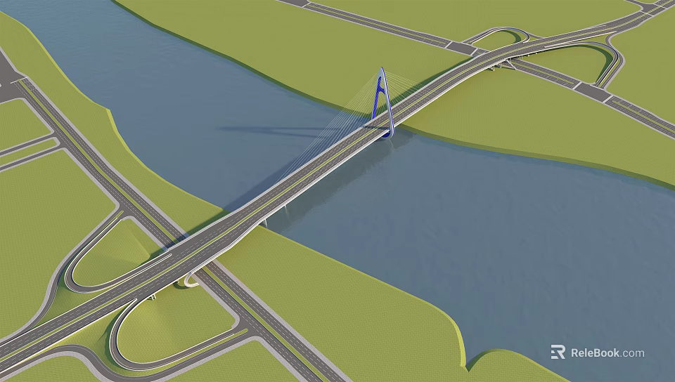 Cable Stayed Bridge Over Blue River With Road Interchange And Green Grass 3d model 