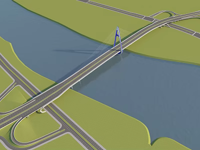 Cable Stayed Bridge Over Blue River With Road Interchange And Green Grass 3d model