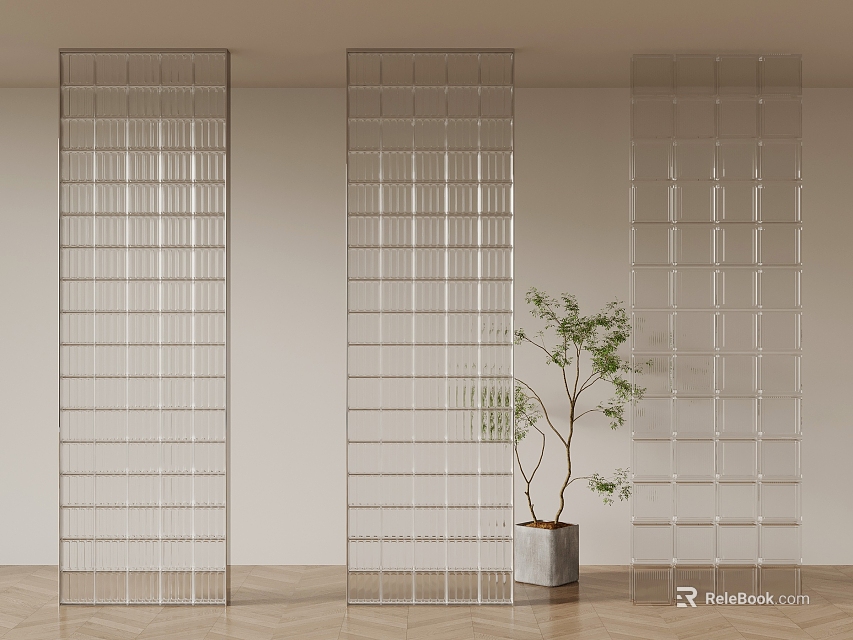 Modern Glass Partition With Transparent Panels And Indoor Plant In Interior Design 3d model 