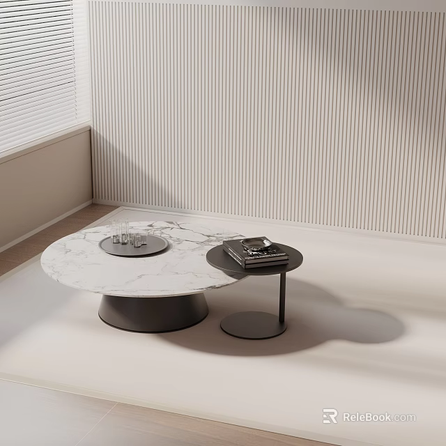 Elegant Modern Sofa Coffee Table Set With Round Marble Top And Side Table Books 3d model 