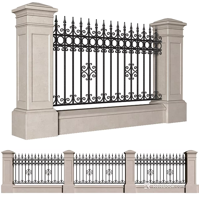 Ornate Wrought Iron Railing And Stone Pillar Components With Decorative Patterns 3d model 