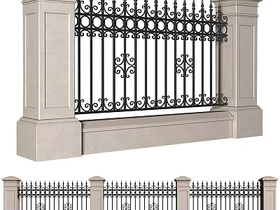 Ornate Wrought Iron Railing And Stone Pillar Components With Decorative Patterns 3d model