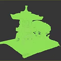 Traditional Stone Lantern With Carved Details And Green Bush On Grass Base