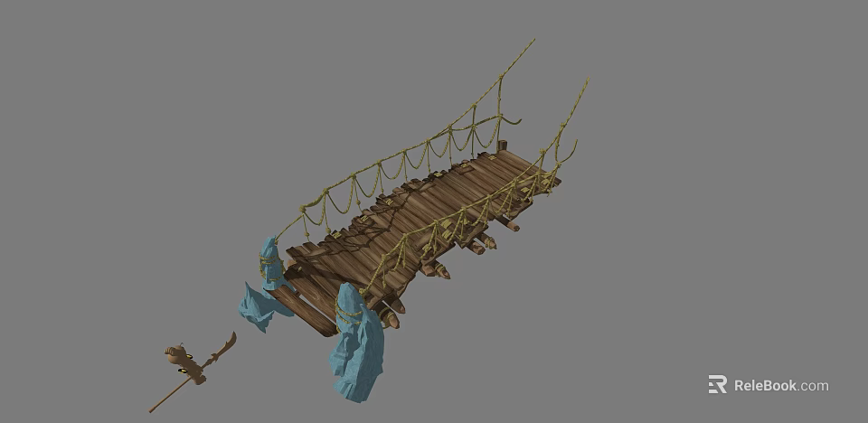 Wooden Suspension Bridge with Rope Railings and Blue Cloth Decorations 3d model 
