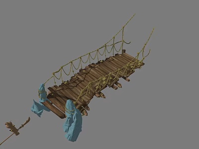 Wooden Suspension Bridge with Rope Railings and Blue Cloth Decorations 3d model