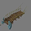 Wooden Suspension Bridge with Rope Railings and Blue Cloth Decorations