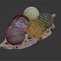 Decorative Spheres With Woven Striped Textures And Various Colors On Wooden Tray
