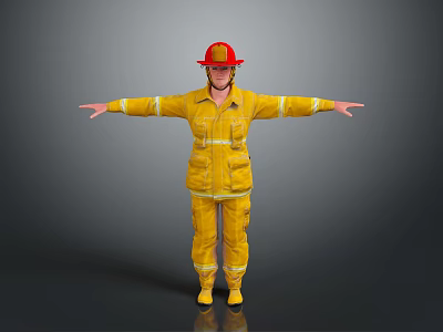 Yellow Firefighter Protective Uniform With Red Helmet And Reflective Safety Strips 3d model