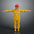 Yellow Firefighter Protective Uniform With Red Helmet And Reflective Safety Strips