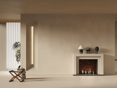 Minimalist Modern Living Room With Brick Fireplace Candles And Lamp 3d model