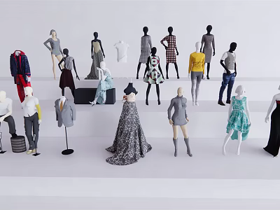 Diverse Mannequins Showcasing Various Clothing Styles In Modern Display Setting 3d model