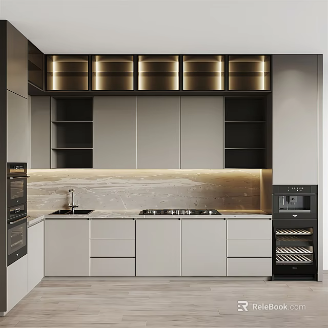 Modern Kitchen Interior With Stylish Cabinets Lighting Marble Countertop And Functional Drawers 3d model