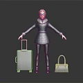 Woman In Blue Coat With Fur Collar And Sunglasses Standing By Travel Suitcase And Handbag
