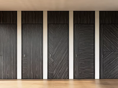 Stylish Dark Wood Hinged Doors With Various Designs Against White Walls And Light Flooring 3d model