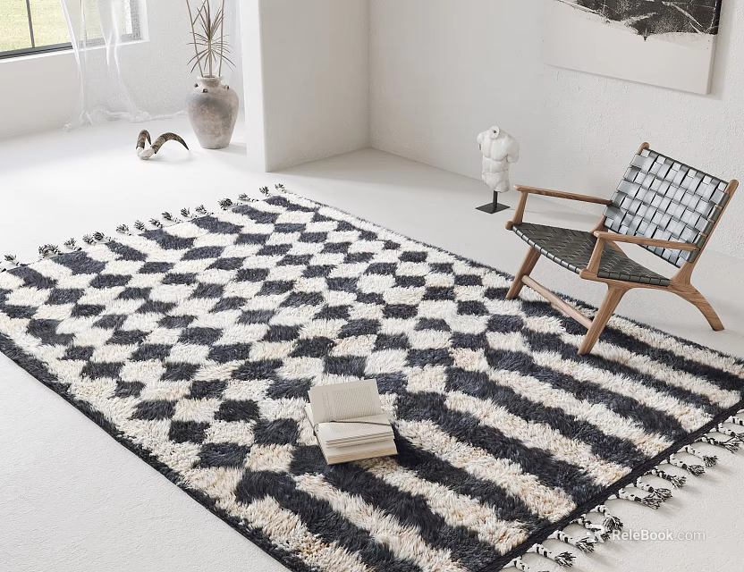 Elegant Lounge Chair With Wooden Frame Checkered Pattern On Black White Diamond Rug With Books 3d model 